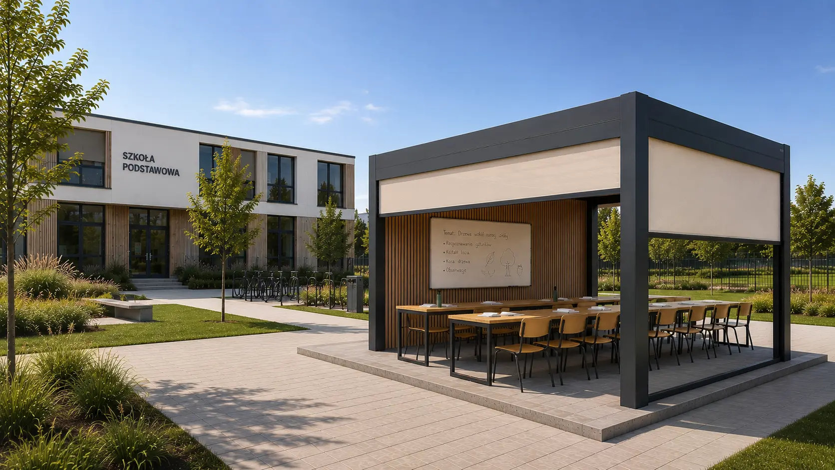 Klasa pod chmurką z roletami ZIP, ścianą lamelową i długimi ławkami.